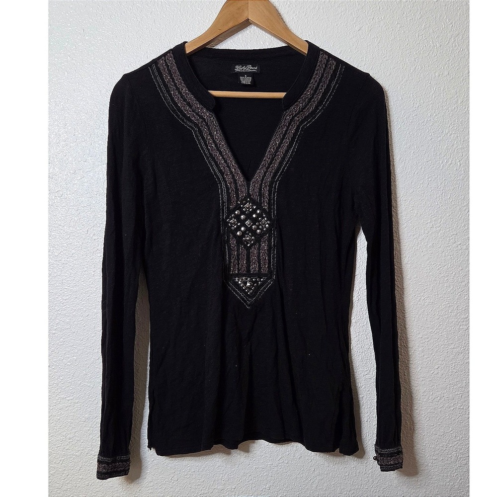 Lucky Brand Embroidered Boho Top Small Black Beaded Peasant Blouse Long Sleeve